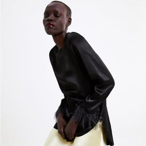 Zara | Tops | Zara Black Satin Effect Blouse Feather Trim Sleeves Sz Small  Bloggers Favorite | Poshmark